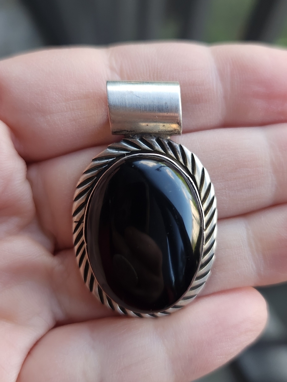 Handmade Sterling Silver 925 Taxco Mexico Black Onyx Oval Statement Pendant